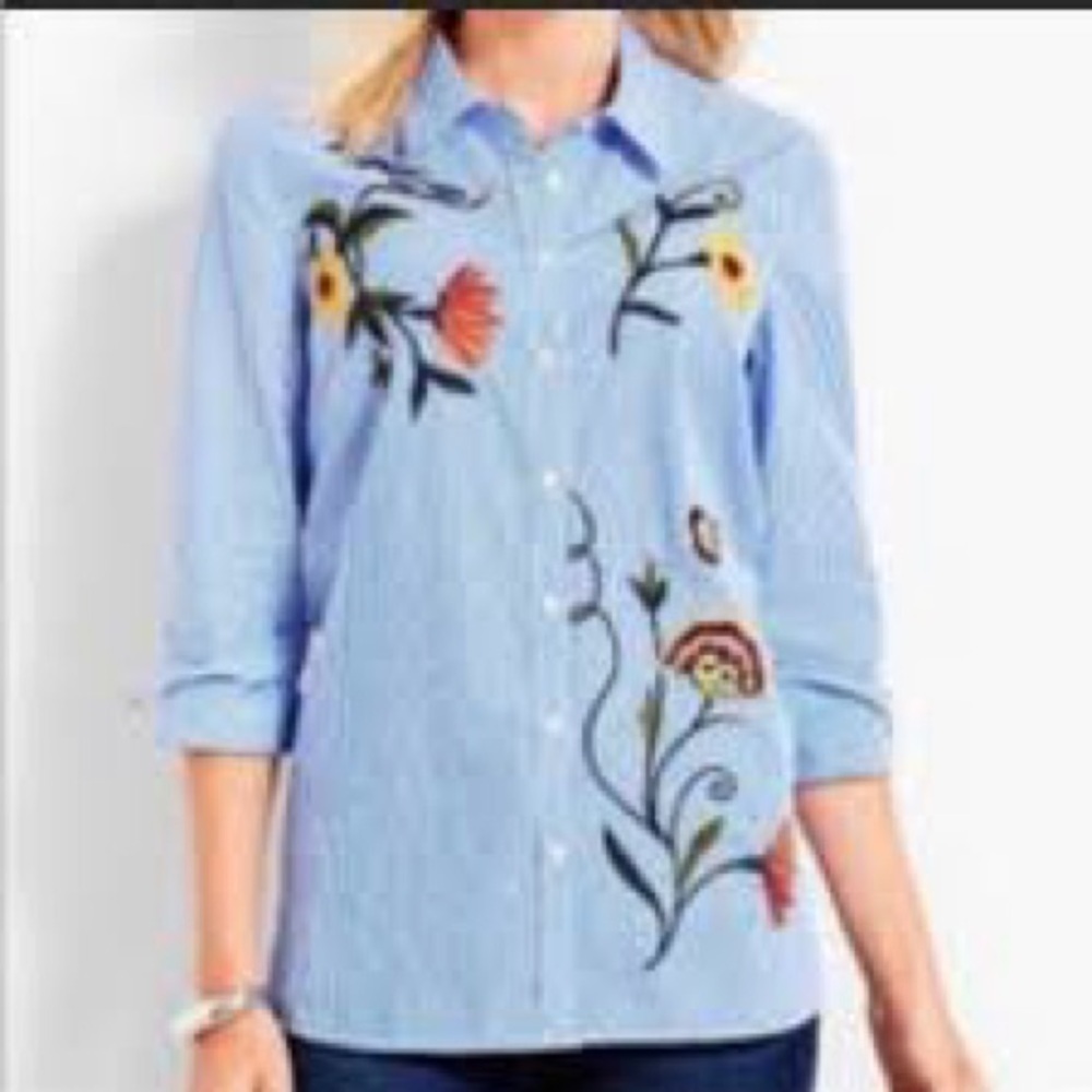 Talbots Shirt Floral Embroidered Blue & White Striped Button Down Long Sleeve XL